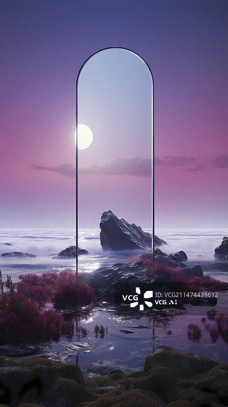 【AI数字艺术】数码紫色梦幻水面花朵场景图形海报背景图片素材