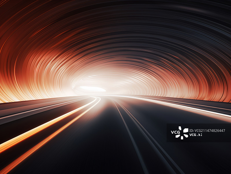【AI数字艺术】疾驰下有穹顶隧道里的道路光轨图片素材