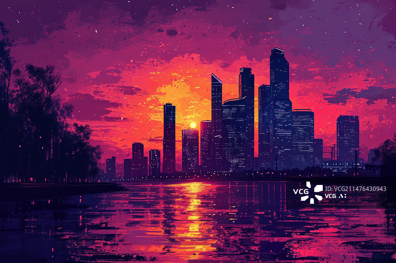 【AI数字艺术】夕阳下城市摩天大楼插画图片素材