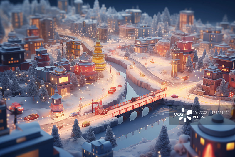 【AI数字艺术】城市商业街冬季活动场景图片素材