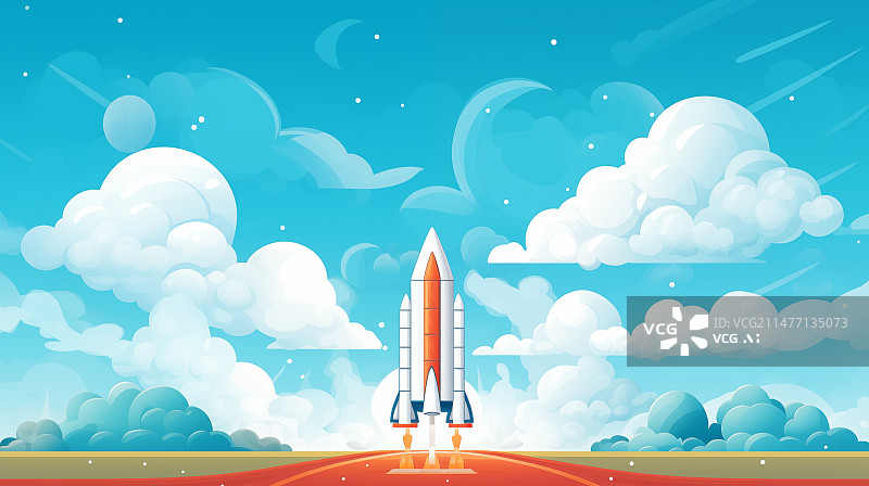【AI数字艺术】科技背景：火箭发射升空平面插画图片素材