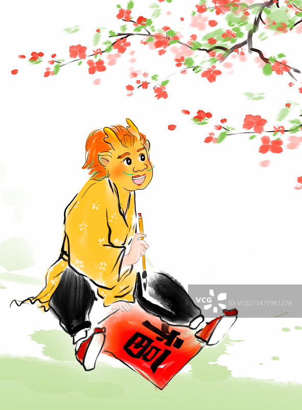 春节主题插画龙年生肖2024年IP形象水墨国风人物图片素材
