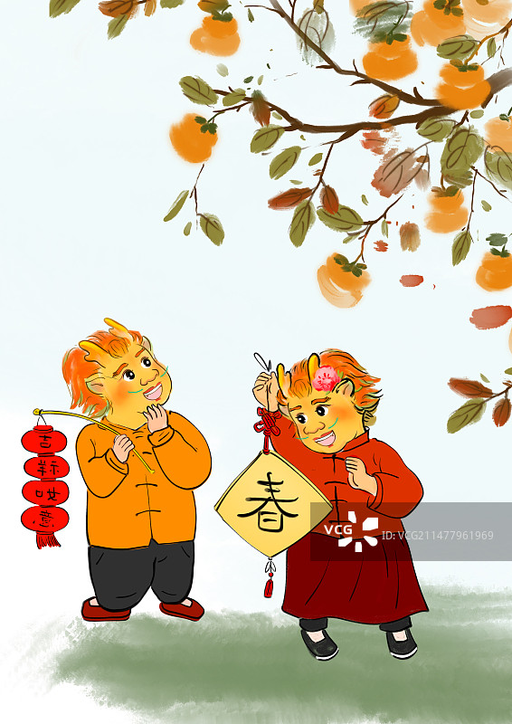 春节年俗插画人物全家福大联画横版浅色背景图片素材