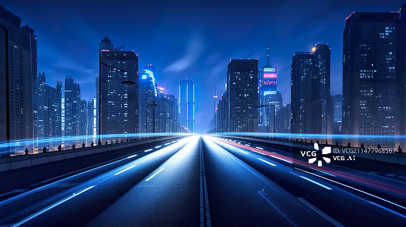 【AI数字艺术】笔直的柏油路面夜景城市背景汽车广告背景图图片素材
