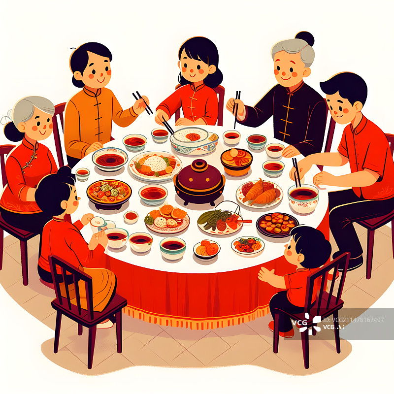 【AI数字艺术】家人吃团圆饭插画图片素材