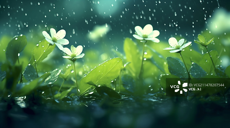 【AI数字艺术】下雨天小树苗生长场景，雨水节气概念插图图片素材