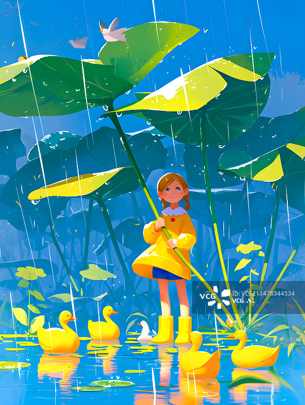 【AI数字艺术】春天雨水谷雨池塘植物小孩子图片素材