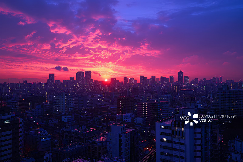 【AI数字艺术】黄昏落日城市建筑天际线图片素材