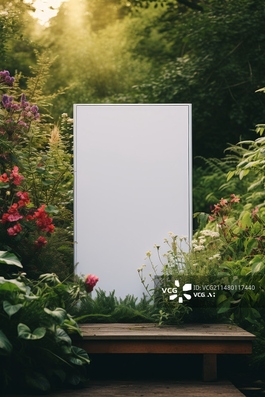 【AI数字艺术】空白白屏广告牌模拟：在公园花草丛里的显眼广告空间图片素材
