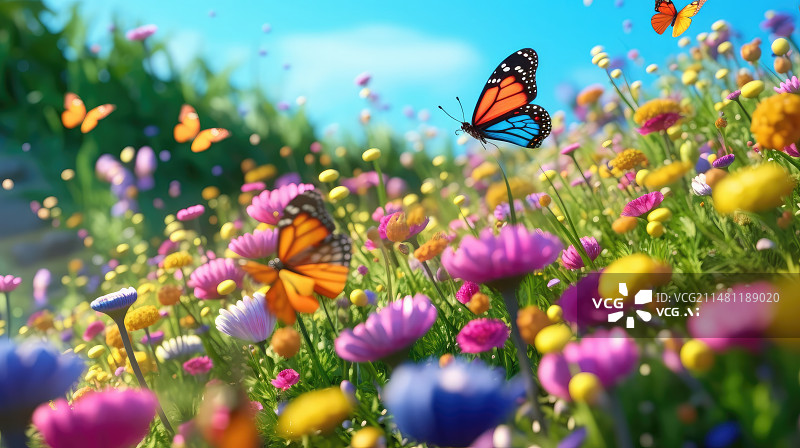 【AI数字艺术】春天阳光蝴蝶在鲜花上飞舞图片素材
