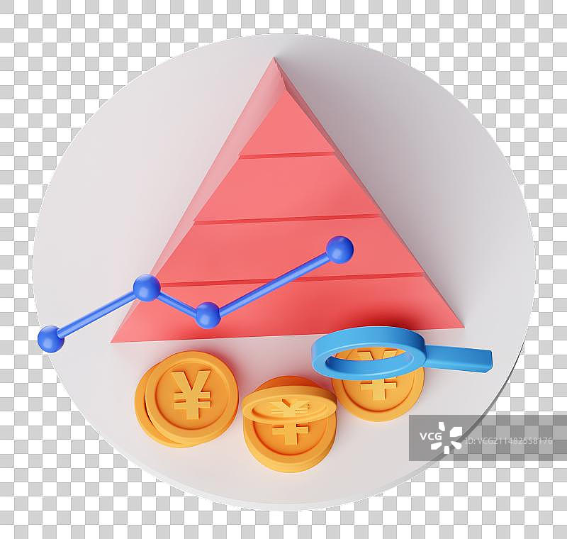 3D渲染钱币锥体金字塔放大镜曲线图免抠元素图片素材