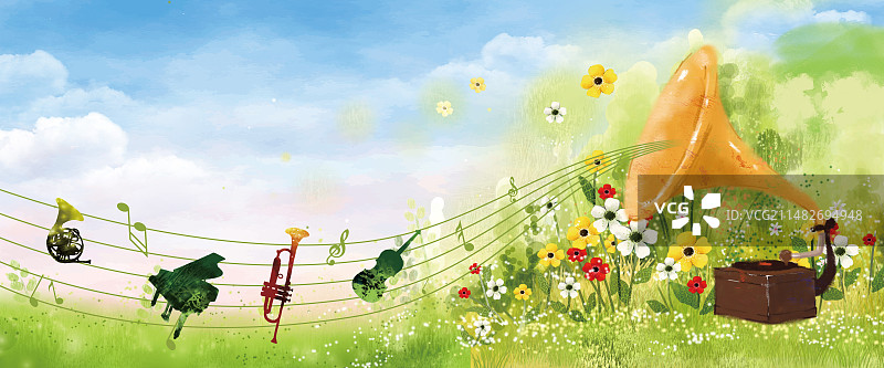 春季绿色音乐节音乐会留声机乐器音符图片素材