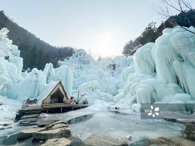 中国自然风光拍摄主题，山东省济南市九如山的冰瀑，户外白昼无人图像摄影图片素材