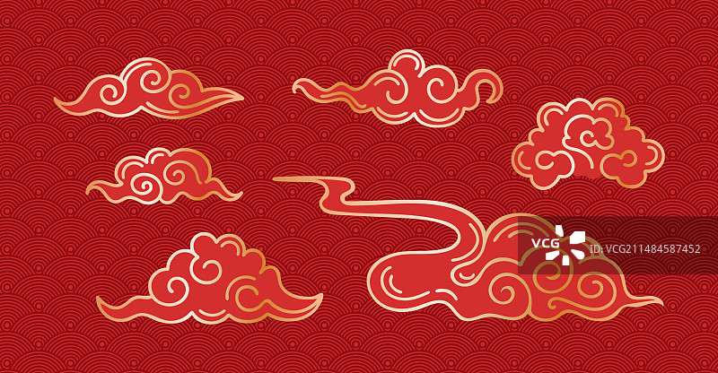 一组亚洲风格的云，金色在红色上图片素材