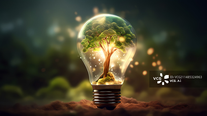 【AI数字艺术】灯泡中的绿树环保概念图片素材