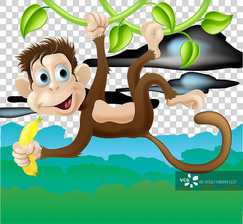 猴子卡通在丛林藤蔓上荡秋千图片素材