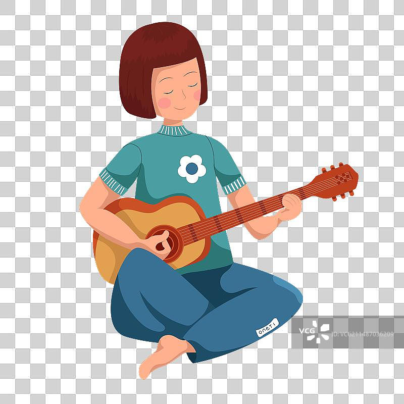 坐着弹吉他的女孩扁平风免扣人物元素图片素材