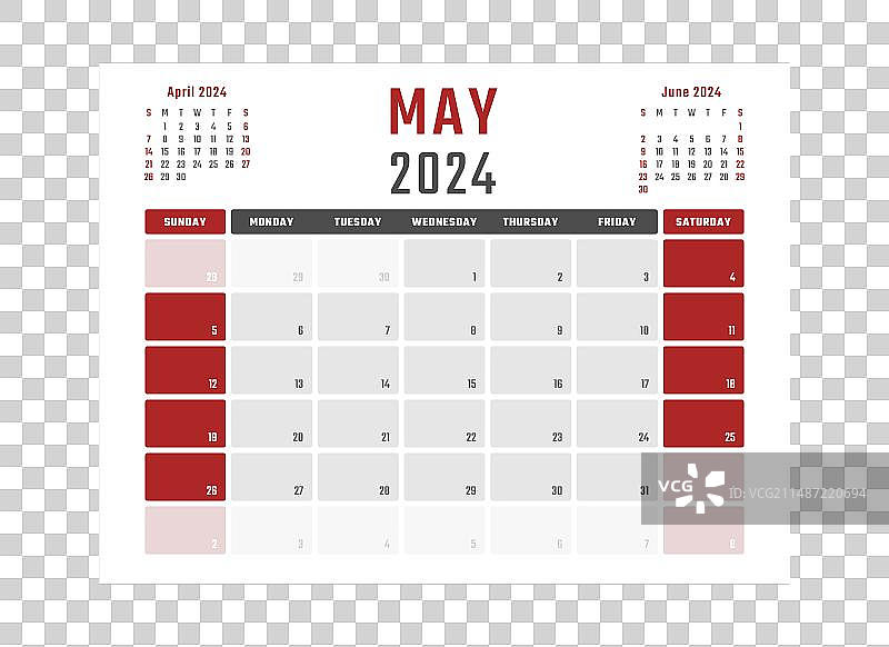 2024年5月的日历将于周日开始图片素材