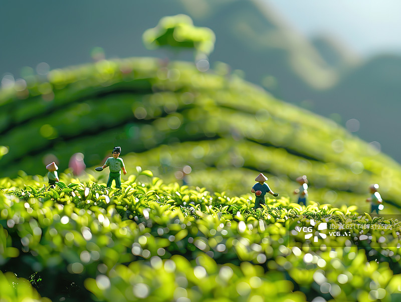【AI数字艺术】微型景观下的茶园采茶场景图片素材