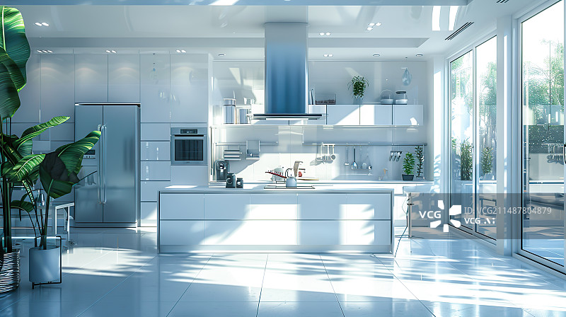 【AI数字艺术】科技感厨房场景 白色冷色调 现代式环境 有智能科技感 画面简洁图片素材