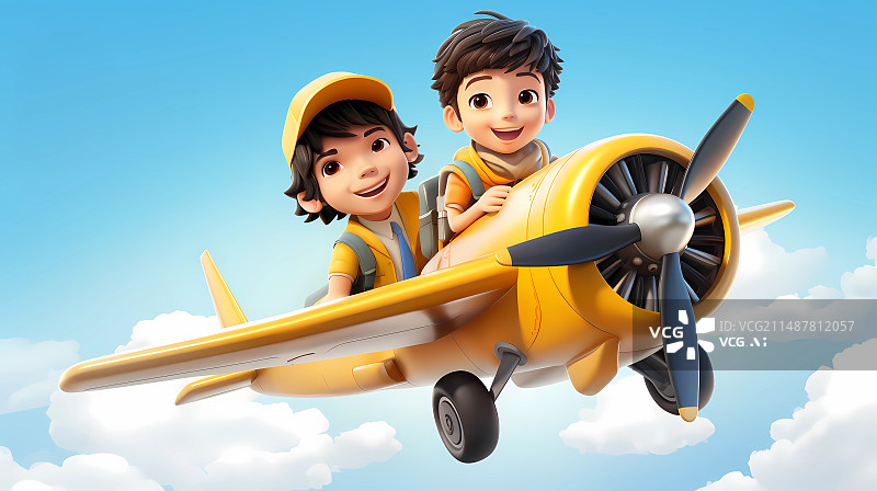 【AI数字艺术】儿童节插画，一个可爱的东方黑头发的男孩和一个可爱的女孩坐在卡通飞机上在天空飞翔图片素材