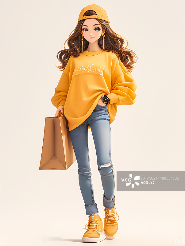 【AI数字艺术】3d卡通购物的时尚亚洲女孩手提购物袋逛街图片素材