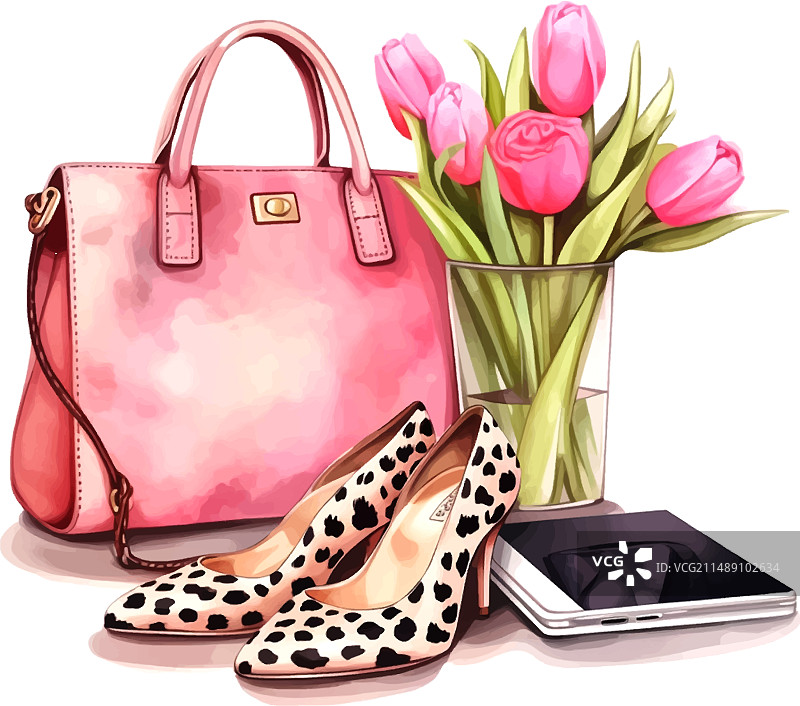 钱包与粉红色的郁金香贴纸猎豹放松图片素材