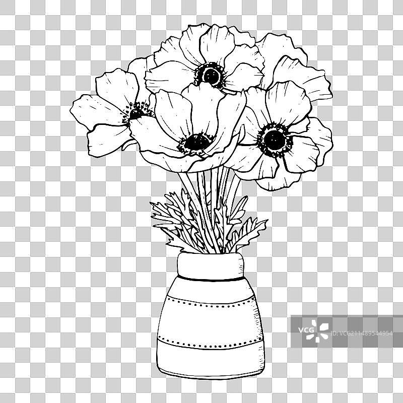 海葵野花花束在陶瓷花瓶图片素材