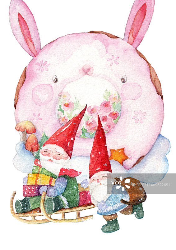 红色帽子快乐的小老头在兔子气球饼干造型糖果屋滑雪游乐园嬉戏玩耍比赛儿童童话故事插画图片素材