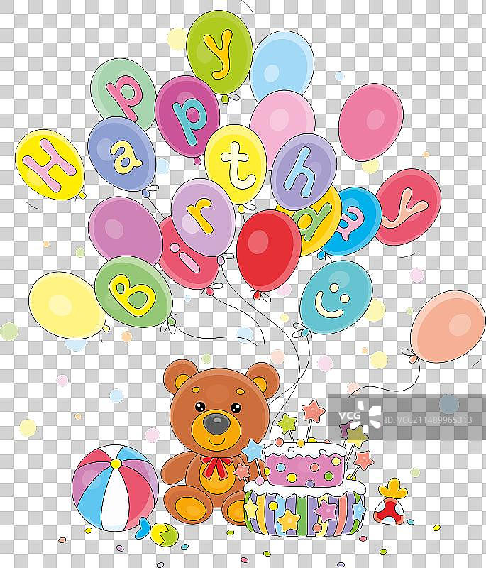 生日贺卡上有泰迪熊和气球图片素材