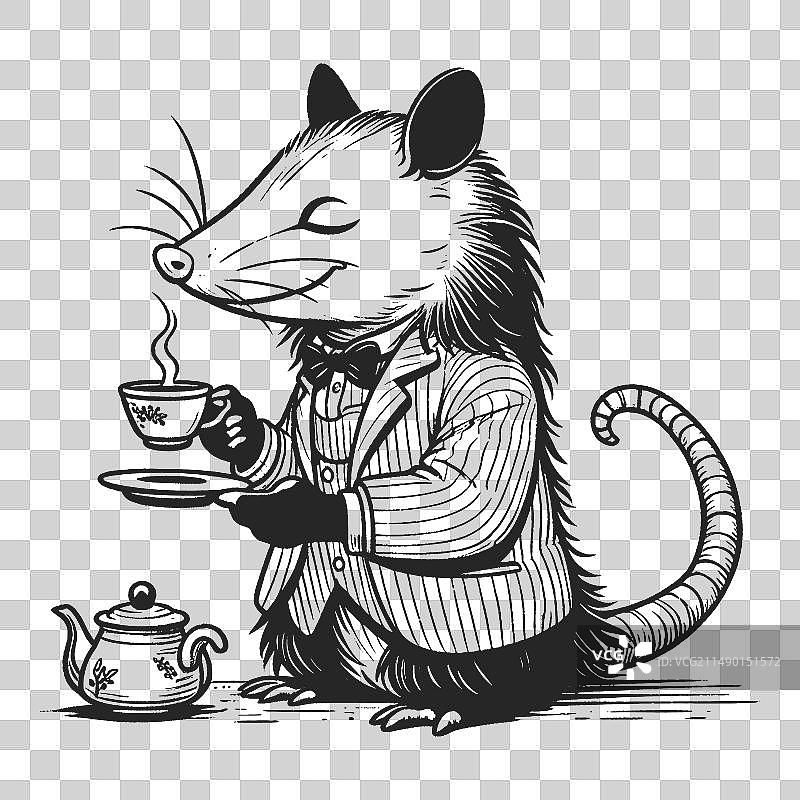 惬意的负鼠配热咖啡素描图片素材