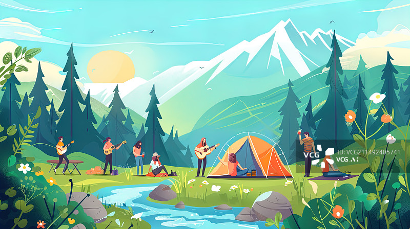 【AI数字艺术】极简风插画——一群人在森林里露营，弹着乐器图片素材