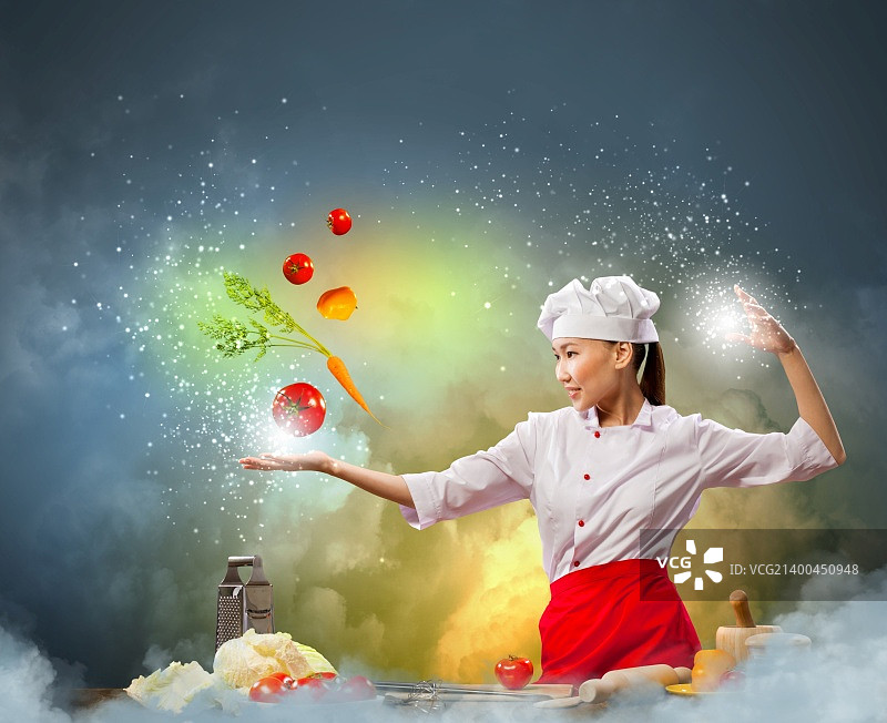 亚洲女性烹饪与魔法色彩的背景图片素材