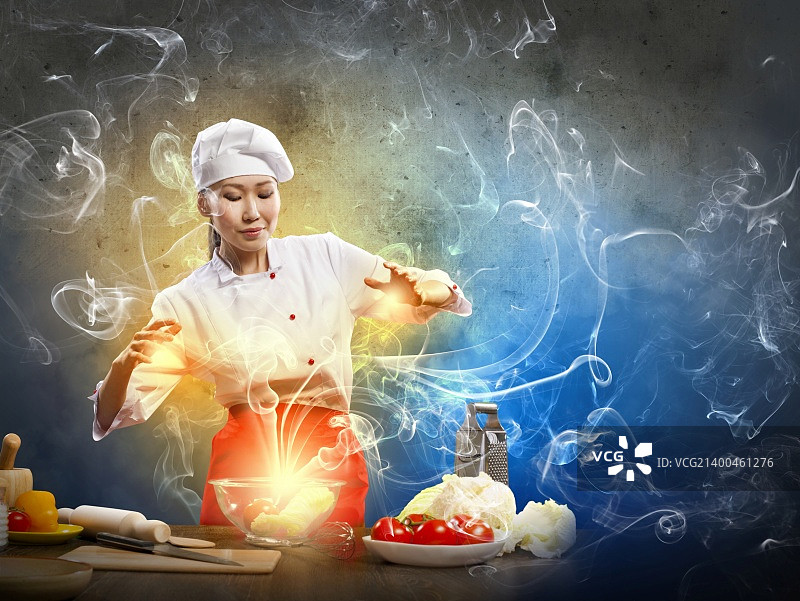 亚洲女性烹饪与魔法色彩的背景图片素材