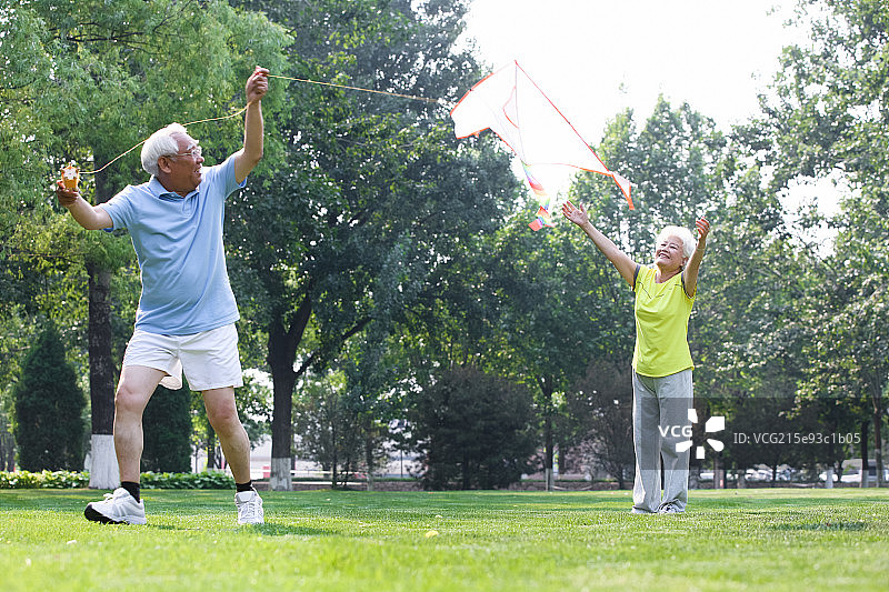 幸福的老年夫妇放风筝图片素材