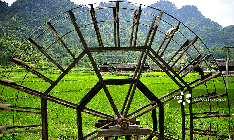 南方稻田间的小村庄图片素材
