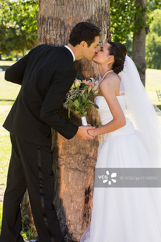 一对浪漫的新婚夫妇在公园接吻的侧视图图片素材