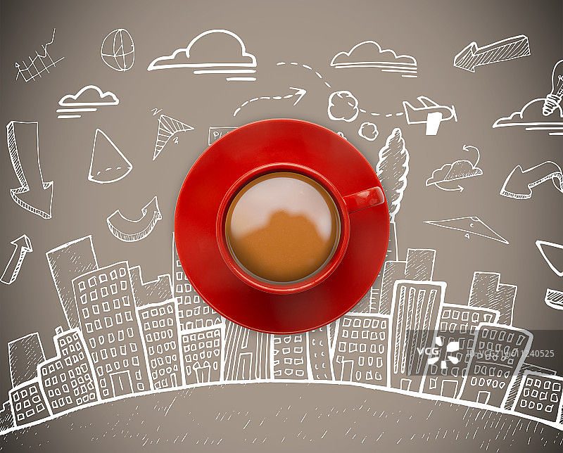 红色的咖啡杯与灰色背景与小插图图片素材