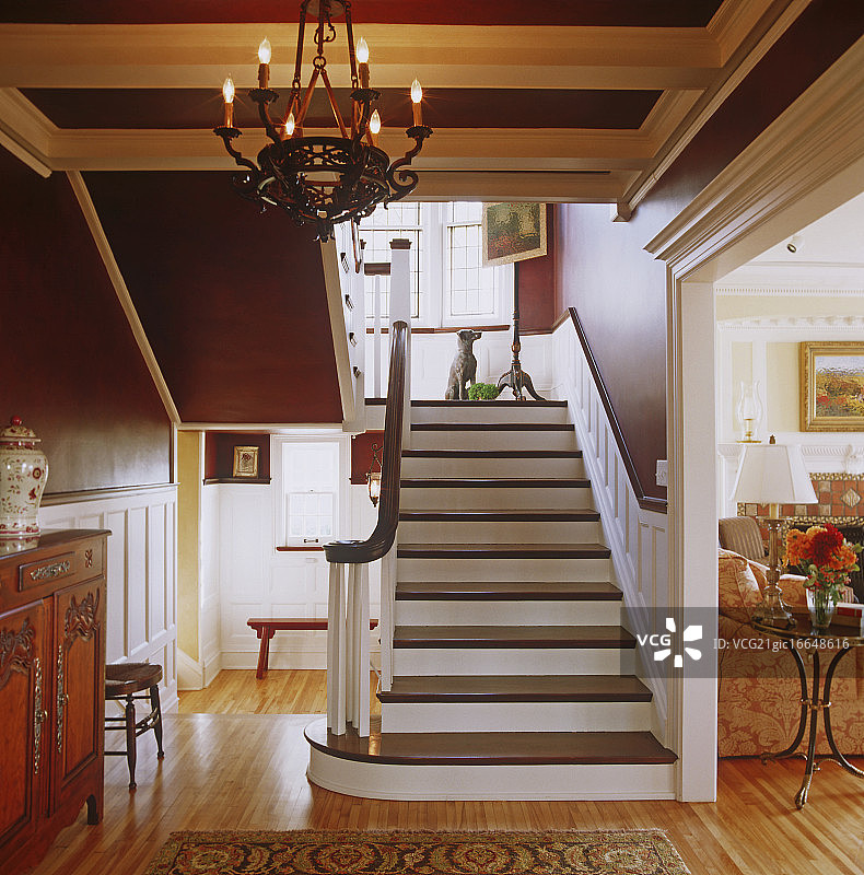 在一个优雅的现代住宅里，一个有着茄子墙的大楼梯图片素材