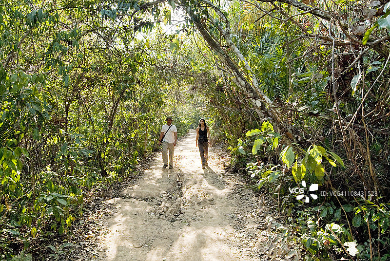 最近，年轻的新婚夫妇在亚马逊雨林的一条小路上散步，享受他们自己。图片素材