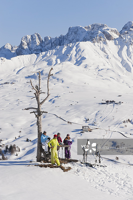 意大利，trentino -上阿迪杰，上阿迪杰，Bolzano, Seiser Alm，人们在雪地上的光秃秃的树旁休息图片素材