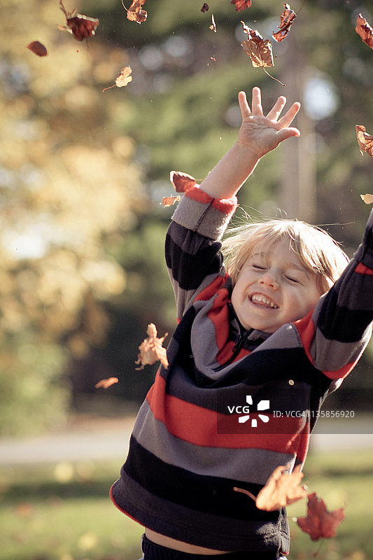 蹒跚学步的小男孩把树叶抛向空中图片素材