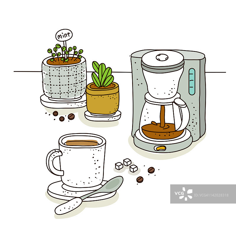 咖啡机，背景是盆栽图片素材
