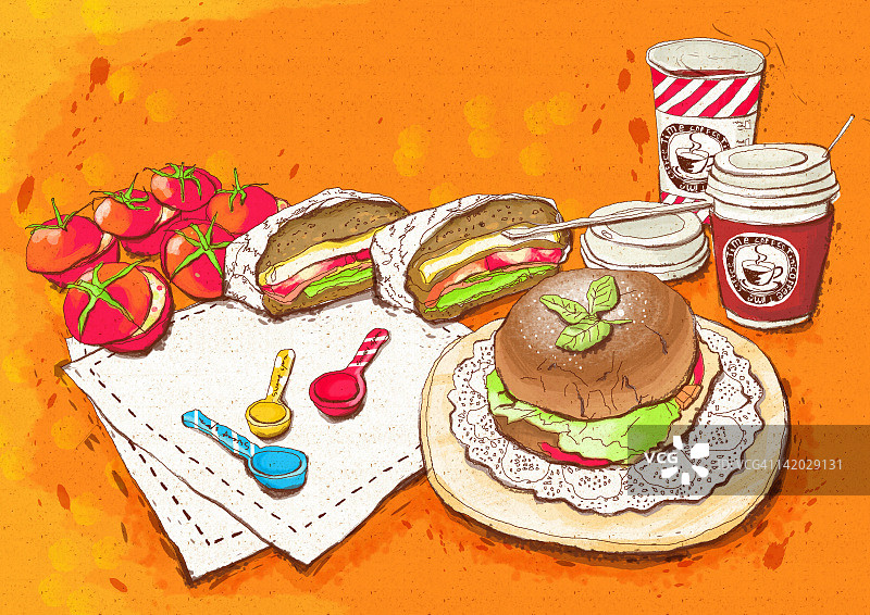 汉堡包和咖啡杯的插图图片素材