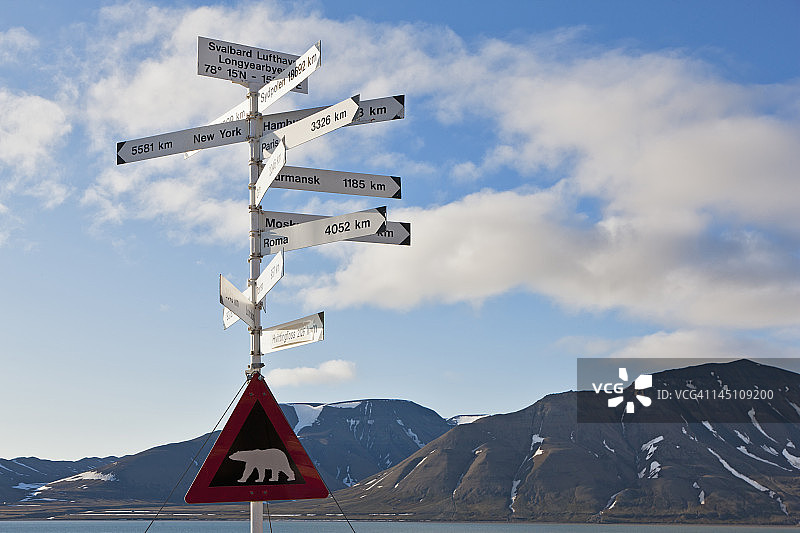 欧洲，挪威，斯匹次卑尔根群岛，斯瓦尔巴特群岛，朗伊尔城，方向标志与北极熊警告标志图片素材