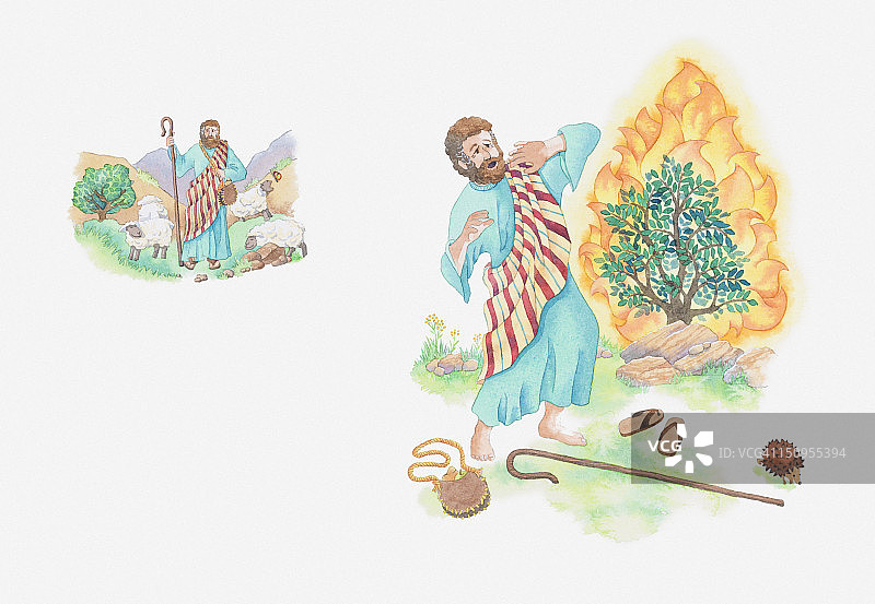 圣经场景的插图，出埃及记第3章，摩西和燃烧的荆棘，神向摩西显现自己，指示他带领以色列人离开以色列图片素材