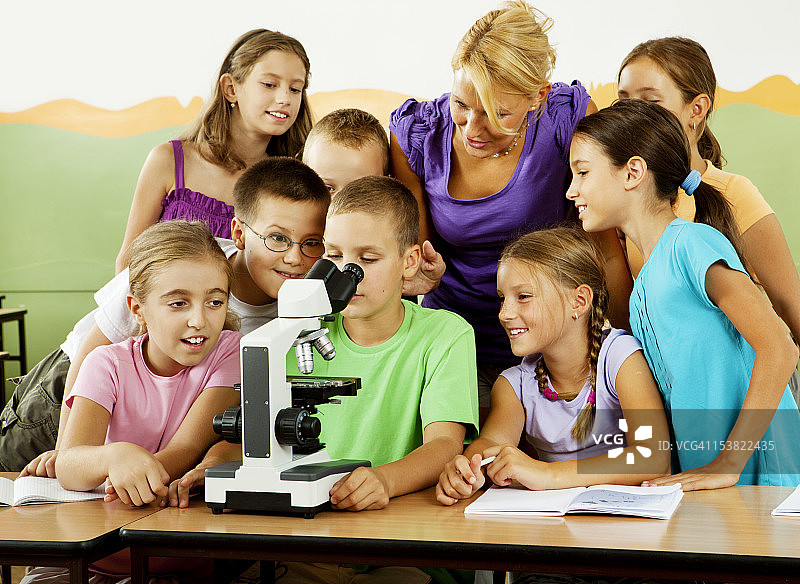 教师和学生使用显微镜图片素材