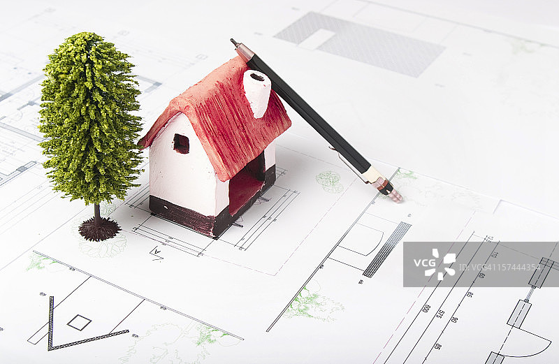 生态住宅的比例模型和建筑蓝图图片素材
