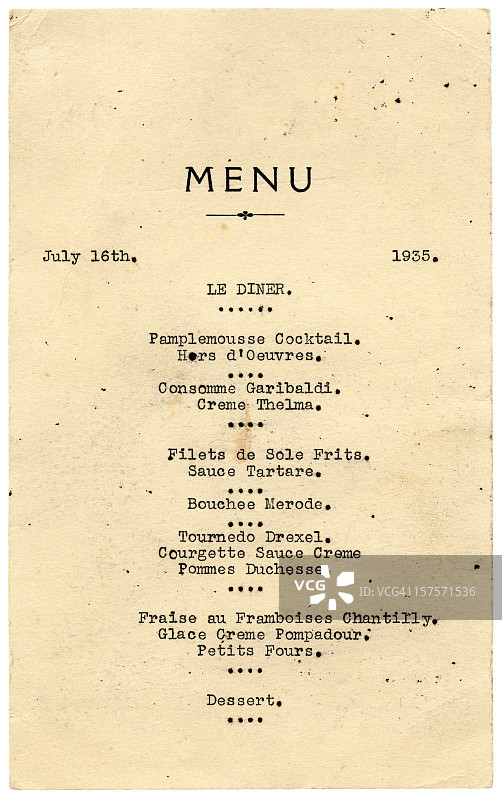 1935年的晚餐菜单图片素材