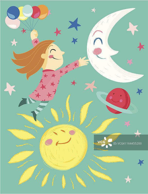 气球女孩，月亮，太阳，行星和星星图片素材